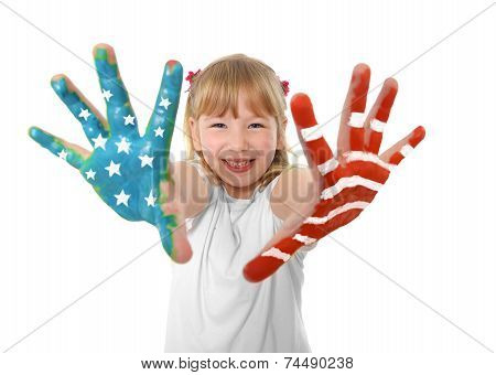 Happy Sweet And Cute Small Blonde Hair Girl Showing Hands Painted With United States Flag