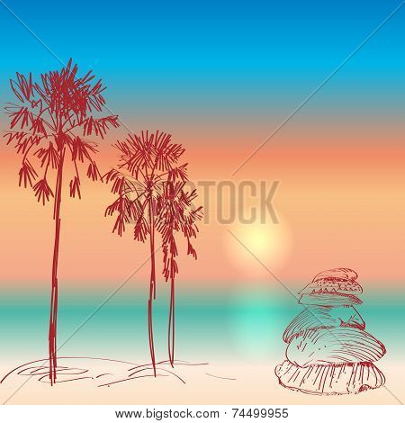 Seascape With Palm Trees And Seashells Sunset On The Beach. Vector