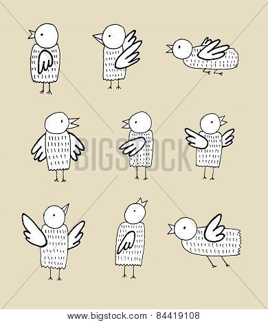 Handmade Ink Birds Set, Vector Illustration