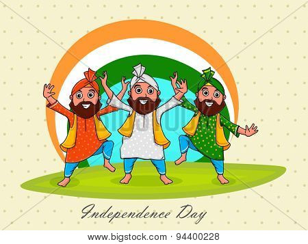 Young punjabi men performing bhangra on national flag colors background for Indian Independence Day celebration.