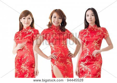 Group of Chinese women dress traditional cheongsam at New Year, studio shot isolated on white background.