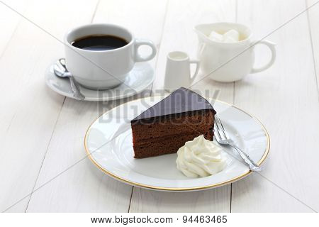 homemade sachertorte, Austrian chocolate cake and coffee