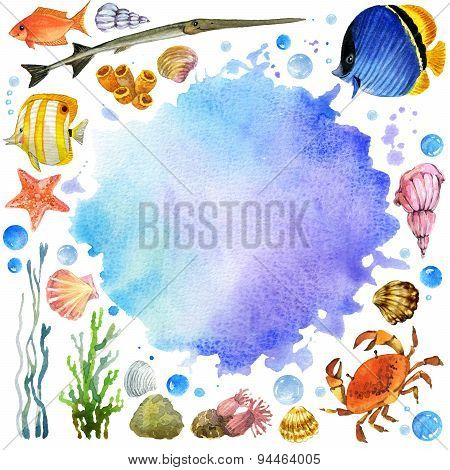 underwater world set. coral reef fish watercolor illustration