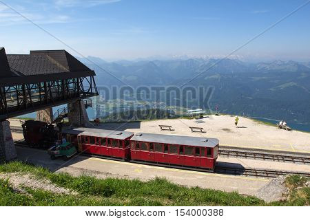 Steam locomotive of a vintage cogwheel railway going to Schafberg, Wolfgangsee / Schafberg Peak (1783m)