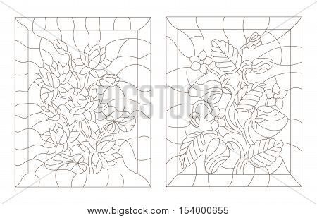 Set contour illustrations in the stained glass style strawberry and Lotus dark outline on a white background