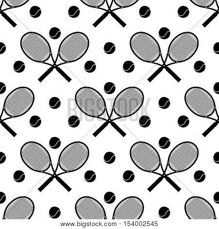 Tennis seamless pattern vector illustration. Black and wthite sport background with racket and balls