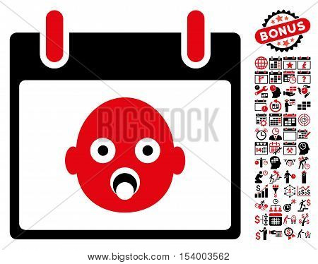 Baby Head Calendar Day icon with bonus calendar and time management clip art. Glyph illustration style is flat iconic symbols, intensive red and black, white background.