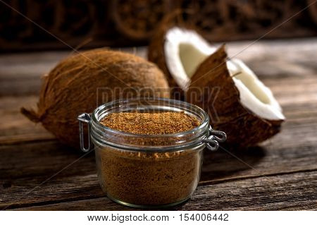 Coconut Palm Sugar On Rustic Wooden Background