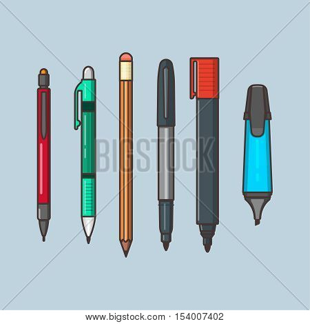A vector set of the writing objects. Pencils with eraser a pen markers in linear flat style. Office and school supplies on the blue isolated background.