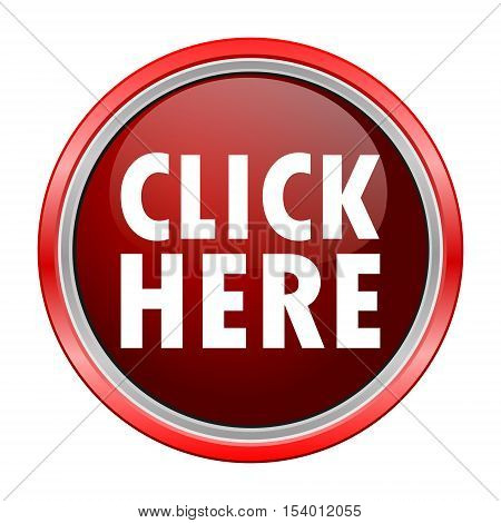 Click Here round metallic red button, vector icon