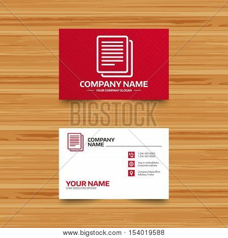 Business card template. Copy file sign icon. Duplicate document symbol. Phone, globe and pointer icons. Visiting card design. Vector