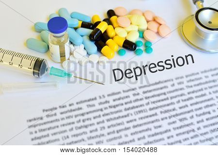 Syringe with drugs for depression treatment, medical concept