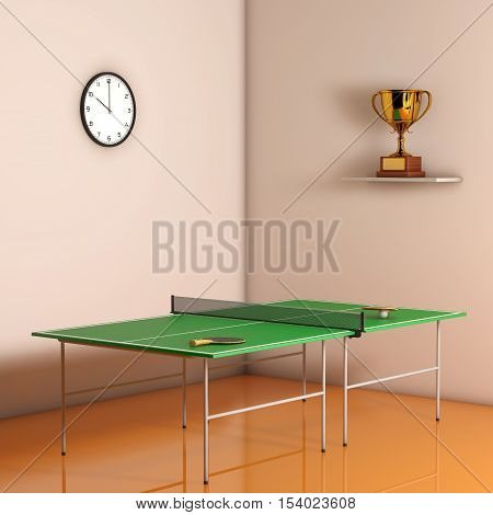 Ping-pong Tennis Table with Paddles against a wall in the room. 3d Rendering