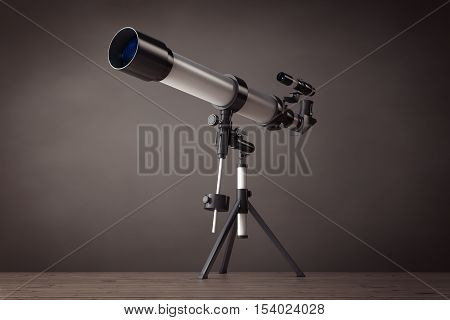 Telescope on Tripod on a vintage wooden floor. 3d Rendering