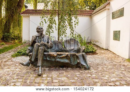 Krakow Poland - September 7 2016: Jan Karski bench in Kazimierz. Sculptor Karol Badyna. Jan Karski 