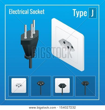 Isometric Switches and sockets set. Type J. AC power sockets realistic illustration. Power outlet and socket isolated. Plug socket