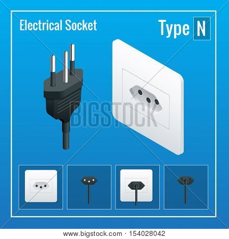 Isometric Switches and sockets set. Type N. AC power sockets realistic illustration. Power outlet and socket isolated. Plug socket
