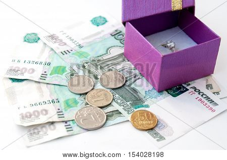 White gold ring in a gift box is to thousandths bills
