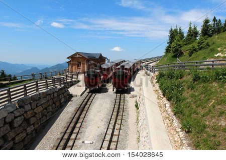 Steam locomotive of a vintage cogwheel railway going to Schafberg, Wolfgangsee / ST. WOLFGANG, AUSTRIA :Schafberg Peak (1783m)
