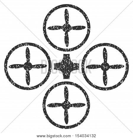 Quadcopter grainy textured icon for overlay watermark stamps. Flat symbol with unclean texture. Dotted glyph gray ink rubber seal stamp with grunge design on a white background.