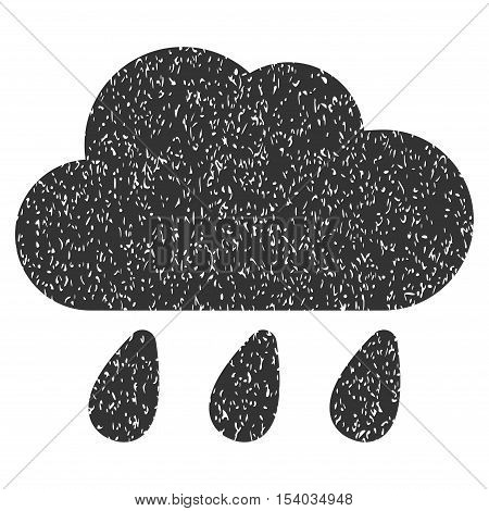Rain Cloud grainy textured icon for overlay watermark stamps. Flat symbol with dust texture. Dotted glyph gray ink rubber seal stamp with grunge design on a white background.