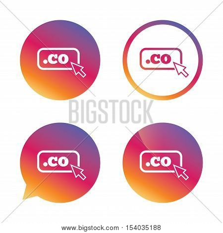 Domain CO sign icon. Top-level internet domain symbol with cursor pointer. Gradient buttons with flat icon. Speech bubble sign. Vector