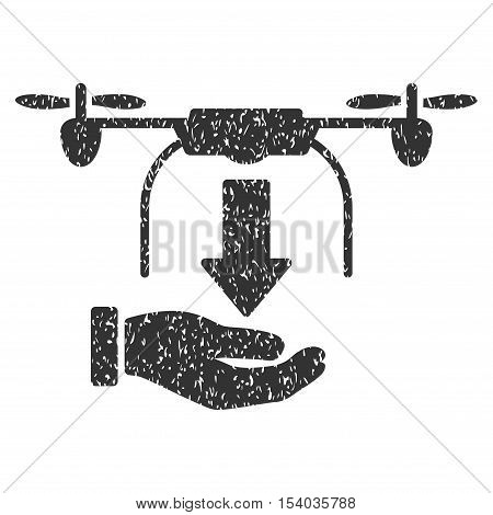 Unload Drone Hand grainy textured icon for overlay watermark stamps. Flat symbol with scratched texture. Dotted glyph gray ink rubber seal stamp with grunge design on a white background.