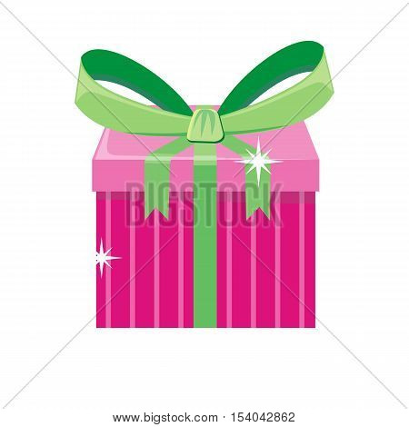 Christmas pink gift box with green bow isolated. Cartoon present in xmas holiday concept. Gift box surprise for anniversary or birthday. Funny illustration for children holiday celebration. Vector