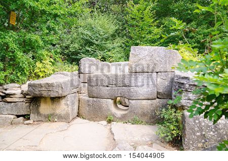 Dolmen single-chamber megalithic tomb of the Middle Bronze Age (3000-2000 BC). Valley of Zhane River near the village Vozrozhdenie in the vicinity of the resort city of Gelendzhik. Western Caucasus Krasnodar region of Russia.