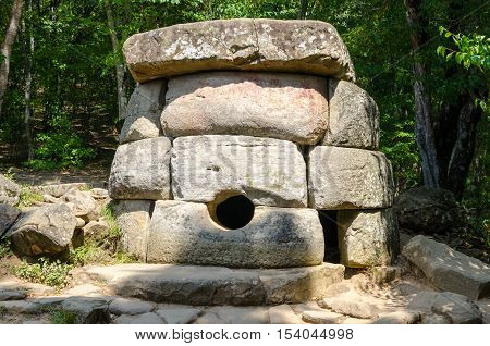 Dolmen single-chamber megalithic tomb of the Middle Bronze Age (3000-2000 BC). Valley of Zhane River near the village Vozrozhdenie in the vicinity of the resort city of Gelendzhik. Western Caucasus Krasnodar region of Russia.