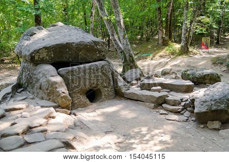 Dolmen single-chamber megalithic tomb of the Middle Bronze Age (3000-2000 BC). Valley of Zhane River near the village Vozrozhdenie in the vicinity of the resort city of Gelendzhik. Western Caucasus Krasnodar region of Russia.