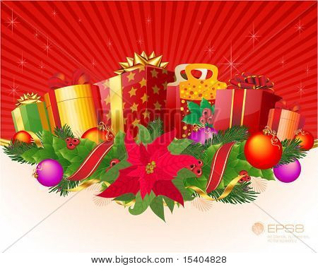 Modelo decorativo de Natal presente vector com arcos, caixas de presente, ramos de Pinheiro