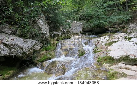 mountain river in the bottom of the canyon in a forest