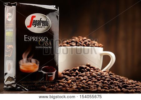 POZNAN POLAND - OCT 12 2016: Segafredo Zanetti is a coffee brand owned by Massimo Zanetti Beverage Group the biggest private company in the coffee industry headquartered in Bologna Italy
