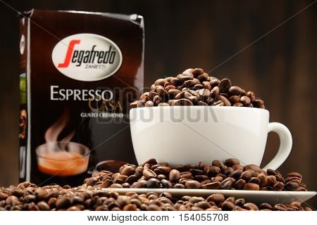 POZNAN POLAND - OCT 12 2016: Segafredo Zanetti is a coffee brand owned by Massimo Zanetti Beverage Group the biggest private company in the coffee industry headquartered in Bologna Italy