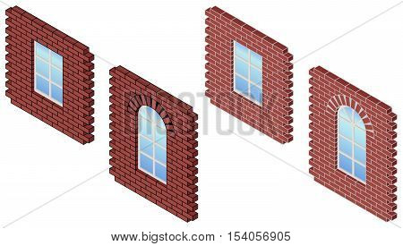 Vector illustration of brick wall with window. Red brick wall. Window in a brick wall.
