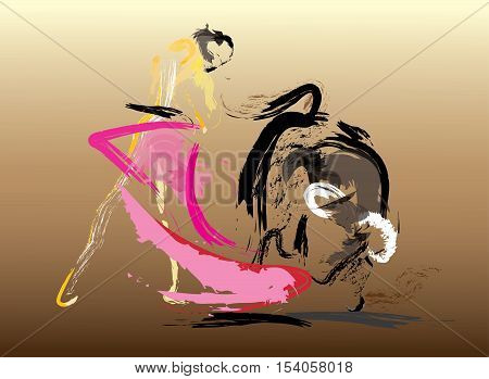 The Spanish bullfighter in a bullring with a bull