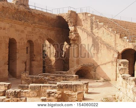 ruins of the Roman amphitheater in the city of El Djem in Tunisia