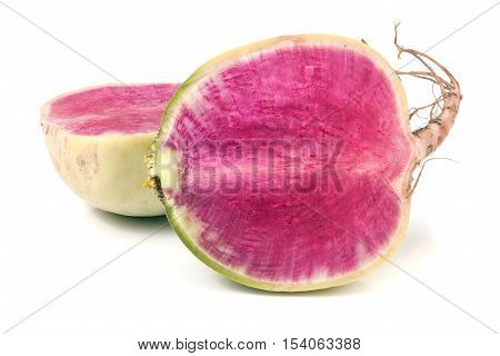 one sliced watermelon radish isolated on white background.