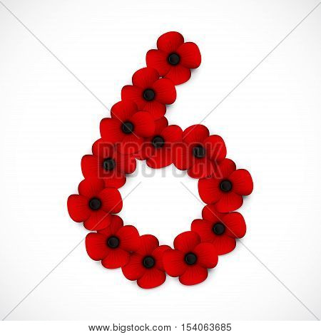 a red and black number six in poppies