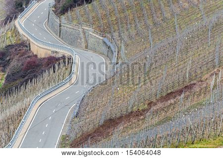 Winding Road through the vineyards on the Mosel in Germany.