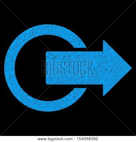 Logout grainy textured icon for overlay watermark stamps. Flat symbol with scratched texture. Dotted glyph blue ink rubber seal stamp with grunge design on a black background.