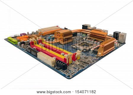 Computer Motherboard Isolated on white background. You can see a lot of multi-colored elements on the motherboard