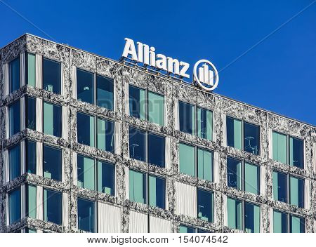 Wallisellen, Switzerland - 30 October, 2016: upper part of the Allianz Suisse headquarter building. Allianz Suisse is one of the major insurance companies in Switzerland with more than a million of private and more than 100 000 corporative customers.
