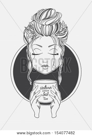 Girl drinking coffee. Black and White print line. Romantic girl. Vector illustration.