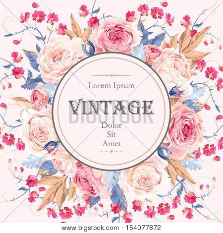 Vector vintage card with english roses and gypsophila