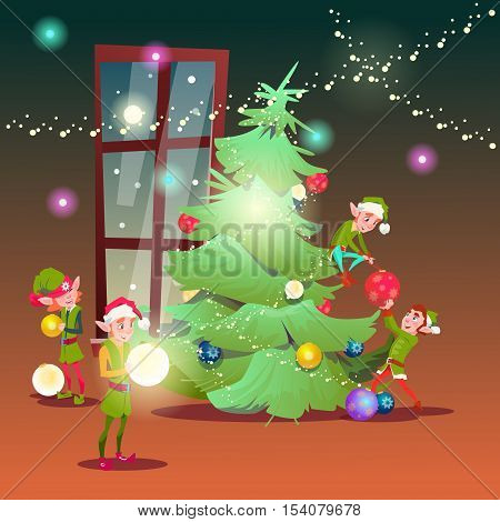 Green Elf Group Decorate Christmas Tree Greeting Card Decoration Happy New Year Banner Flat Vector Illustration