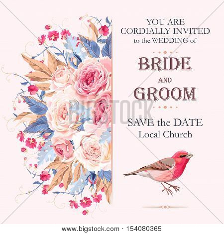 Vector vintage wedding invitation with roses and birds