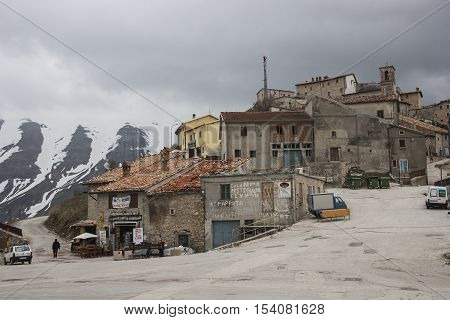 CASTELLUCIO OF NORCIA ITALY - JANUARY 09 2016: Castelluccio of Norcia a town in the national park of the Sibillini mountains in Italy. City destroyed by an earthquake in October 30 2016