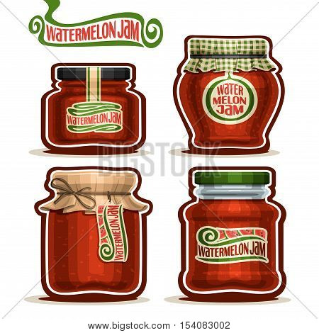 Vector logo Watermelon Jam in Jars with paper cover lid, rustic Pot home made watermelon jams, twine rope bow, homemade fruit jam jar, farm jelly pot with label, checkered cloth cap, isolated on white